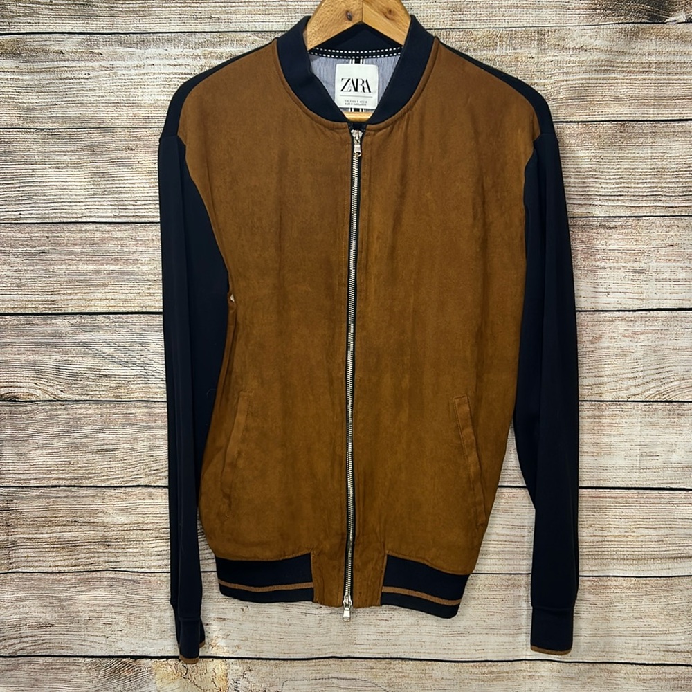Zara Faux Suede Men’s Jacket Navy & Tan size small PTP 20” Bin O - Picture 4 of 8